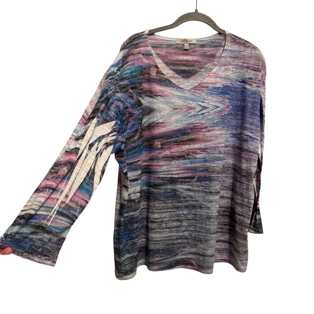 Jess & Jane Burnout Top Women's 2X Purple Blue Abstract Rhinestone Art To Wear